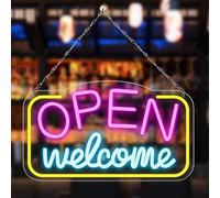 Cartel de neón abierto de bienvenida abierta, 42 x 23 cm, letreros de neón abiertos de colores, con funcionamiento por USB, intensidad regulable, para bar, tienda, cafetería, tienda, club, fiesta