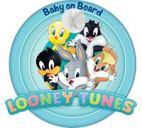 Cartel de seguridad para coche con texto «Niño a bordo» con gráficos de Warner Bros de Looney Tunes y ventosa