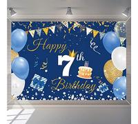 Cartel de tela de telón de fondo de feliz séptimo cumpleaños, decoración de fiesta para niño/niña, feliz de 7 años, fondo de fotografía azul, suministros de fiesta de séptimo cumpleaños, 150 cmx90 cm