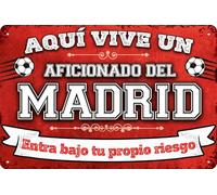 Cartel decorativo de chapa resistente a la intemperie para fans del fútbol, texto en alemán "Hier wohnt ein Madrid Red Fan - Wandschild Türschild, Torschild, Funny Football Sprech, Fanartikel (20 x 30