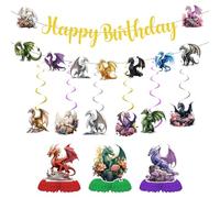 Cartel decorativo de fiesta de cumpleaños de dragón, juego de 11 piezas de | Pancartas de feliz cumpleaños, diseño de dragón con remolinos colgantes, centros de mesa, decoración para dinosaurio