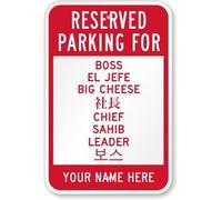Cartel decorativo de metal con texto en inglés "Reserved Parking for, Boss El Jefe Big Cheese" de 8 x 12 pulgadas