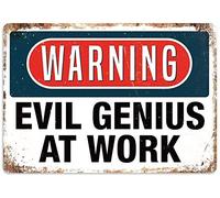 Cartel decorativo de metal con texto en inglés "Warning Evil Genius At Work", 20 x 30 cm, para el hogar, cocina, baño, granja, jardín, garaje, citas inspiradoras para decoración de pared