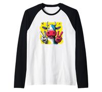 Cartel gráfico de Vaca Doble Paz Retro Pop Granja Personaje Divertido Camiseta Manga Raglan