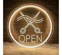 Cartel grande redondo de neón LED para barbería, pared y ventana, cartel luminoso abierto para peluquería, con interruptor regulable y cadena colgante, regalos para peluquería, 30 x 30 cm