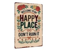 Cartel Lugar Feliz | Decoración Floral Vintage Para El Hogar | Placa Decorativa Metálica de Bienvenida - para el Interior y el Exterior Dortorio y Salón y Pasillos Patios y Porches