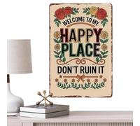 Cartel Lugar Feliz | Póster Vintage Floral de Pared | Póster Metálico De Bienvenida Mural | Para Dortorio, Salón, Porche, Patio, Granja, Valla Y Jardín