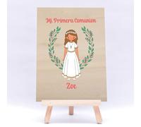 cartel madera comunion decoracion bienvenida personalizado caballete evento religioso niño niña mesa dulce cruz caliz paloma letrero identificacion fiesta adorno recuerdo nombre fecha (Niña)