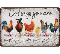 Cartel Metálico, Dios Dice Que Eres Un Pollo, Placa Metálica Decorativo, Duradero Señal Advertencia para Cocina Garaje Decoración, 20X30Cm