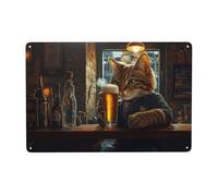 Cartel metálico serigrafiado de pueblo, letrero vintage de bar, camarero con gato divertido, decoración de pared de metal con camarero de taberna, estilo retro para tabernas, pubs campestres, bares mu