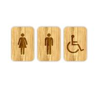 Cartel para baño - hombre, mujer, discapacitado - 120 x 80 mm - adhesivo para puerta wc en madera - placa para aseo grabada - señal lavabo (Conjunto (hombre+mujer+minusvalido))