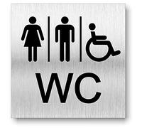 Cartel para puerta de baño para hombre y mujer con discapacitados, impresión UV, 12 x 12 cm, compuesto de aluminio de 3 mm, fabricado en Alemania