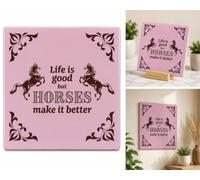 Cartel Personalizado - Deco Tile Life Is Good Horses - Placa Decorativa - Motivo Caballo - Decoración para Amantes de los Caballos - Flamingo