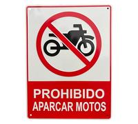 Cartel PROHIBIDO APARCAR MOTOS | 21x28 cm Calidad AAA+| Aluminio Lacado y Relieve | Grosor 0.8 mm | Señal Prohibido | Impresión UV | Interior Y Exterior | Ojales Sujeccion
