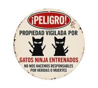 Cartel redondo de metal retro con diseño de gatos ninja con texto en inglés "Danger Property Watched Ninja Cats" para cafetería, bar, pub, hogar, sala de juegos, gimnasio, club, decoración de pared