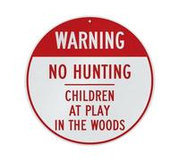 Cartel redondo de metal retro con texto en inglés "Warning No Hunting Children At Play In The Woods", decoración de pared para el hogar, bar, cafetería, póster de metal de 8 x 8 pulgadas