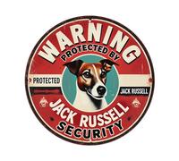 Cartel redondo de metal retro con texto en inglés "Warning Protected By Jack Russell" para cafetería, bar, pub, hogar, sala de juegos, gimnasio, club, decoración de pared, póster de metal vintage de 8
