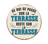 Cartel redondo de metal vintage con texto en inglés "What Happens On The Terrace Stays On The Terrace", 1 cartel de metal vintage, para sala de estar, bar, hogar, dormitorio, decoración de pared