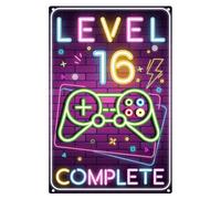 Cartel retro de chapa para el 16º cumpleaños de niño, nivel 16, placa para puerta para habitación infantil, decoración de cumpleaños de 16 años, divertida placa de cumpleaños 16, tarjeta de cumpleaños