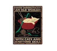 Cartel retro de hojalata de 8 x 12 pulgadas con texto en inglés «Never Underestimate Cats and Knitting Skill Knitting Hability» para tejer a ganchillo, amante de los gatos, arte de hilo, arte