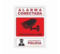 Cartel Videovigilancia Alarma Conectada - Placa Alarma - Aviso a la Policía - Medidas 20x15 cm - Aluminio Rígido 3mm - Tintas y Material Resistentes - Para Interior como Exterior - Zona Videovigilada