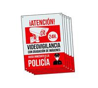 Cartel videovigilancia - Placa alarma conectada - Carteles zona videovigilada - Aviso a la Policía 20x15 cm Rojo Interior/Exterior (5 Piezas Cartel videovigilancia)