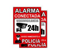 Cartel videovigilancia - Placa alarma conectada - Carteles zona videovigilada - Aviso a la Policía 20x15 cm Rojo Interior/Exterior (2 Piezas cartel videovigilancia)