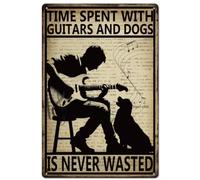 Carteles De Metal Letrero De Metal Baño Cartel De Chapa para Sala De Estar Playa Aula 20X30Cm Guitarra Guitarra con Perro El Tiempo Dedicado A La Guitarra Y Al Perro Nunca Es Perdido