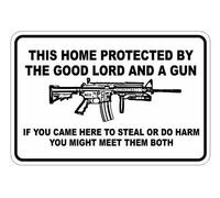 Carteles Metal, Resistente Cartel Disuasorio, Esta Casa Está Protegida por El Buen Señor Y Un Arma Si Viniste Aquí A Robar., Placa Metálica para Garaje Bar Oficina, 20X30Cm