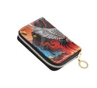 Cartera abstracta de piel roja con diseño de grulla de montaña de fuego para mujer, con ranura para 9 tarjetas, bloqueo RFID, tarjetero con cremallera