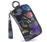 Cartera Aileder de Cuero para Llaves y Monedero - Pintada a Mano Con 8 Ganchos, Ranuras para Tarjetas, Borla y Cremallera - Diseño de Mariposa, 12 x 7 x 2.5 cm