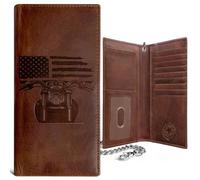 Cartera alta con cadena para hombre, motociclista patriótico, cuero marrón envejecido, bloqueo RFID, 10 ranuras para tarjetas con soporte para identificación, diseño de motocicleta en relieve y