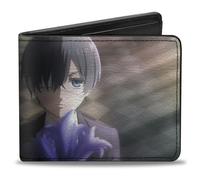Cartera Black Butler, plegable, negro Butler Ciel Phantomhive Pose y logotipo negro y blanco, cuero vegano