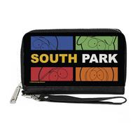 Cartera Comedy Central, cremallera alrededor, bloques faciales y texto negro multicolor, cuero vegano de South Park Boys, 7.5"x4.5", Casual