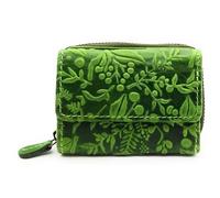Cartera compacta de piel auténtica para hombre y mujer, cartera pequeña con protección RFID, 2 compartimentos para billetes, bolsillo para monedas con cremallera, piel auténtica, Floral Verde, small