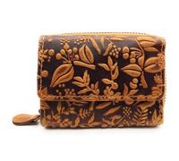 Cartera compacta de piel auténtica para hombre y mujer, cartera pequeña con protección RFID, 2 compartimentos para billetes, bolsillo para monedas con cremallera, piel auténtica, Floral Cognac, small