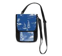 Cartera con cuello de isla tropical para pasaporte, para viajes, mujeres y hombres, bloqueo RFID, 19 x 15 cm, correa ajustable, color azul, Tropical Island, 7.5" x 6", Casual
