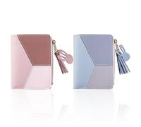 Cartera de 2 piezas a juego de colores, cartera corta con cremallera, cartera con ranuras para múltiples tarjetas, tarjetero para mujer, bolso de mano cuadrado, monedero con colgante de borla
