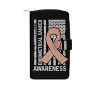 Cartera de cuero con la bandera de EE. UU. para concientizar sobre el cáncer de endometrio, con capacidad para 12 tarjetas y bolsillo con cremallera, bolso de mano largo de tela para hombres y mujer