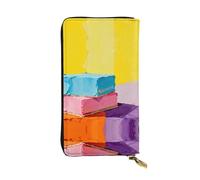 Cartera de cuero de primera calidad con diseño de margaritas en rocas, elegante cartera larga con cierre de cremallera, carteras ideales para uso diario, Pastel cuadrado colorido, Talla única
