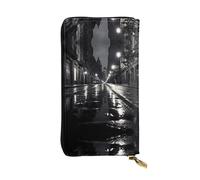 Cartera de cuero elegante con diseño de día lluvioso en la calle, monedero de 7.4 x 4.13 pulgadas de largo con cremallera, práctica cartera de viaje para dinero en efectivo