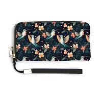 Cartera de cuero para mujer, diseño de hojas de colibrí verde, monedero de mano con cremallera