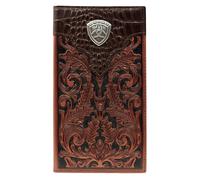 Cartera de cuero Rodeo para hombre de Ariat: roble grabado, parte superior con estampado de cocodrilo y concho de la marca.