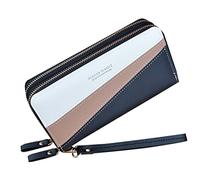 Cartera de doble cremallera para mujer, larga y gran capacidad, cartera de doble capa, empalme, cambio de color en contraste, bolsa para teléfono móvil, cartera básica (negro, talla única)