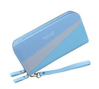 Cartera de doble cremallera para mujer, larga y gran capacidad, cartera de doble capa, empalme, cambio de color en contraste, bolsa para teléfono móvil, cartera básica (azul, talla única)