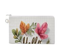 Cartera de lona, acuarela, hojas de otoño, palabra, hola, blanco, estampado a cuadros, monedero con cremallera, pequeña bolsa de cosméticos