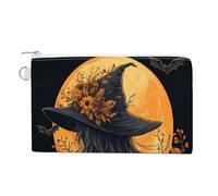 Cartera de lona, bruja de pelo largo con un sombrero de ala ancha, monedero con cremallera, pequeña bolsa de cosméticos