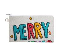 Cartera de lona, con texto en inglés "Merry Christmas", monedero con estampado de lazo, monedero con cremallera, pequeña bolsa de cosméticos