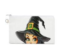 Cartera de lona, con texto en inglés "Witch Holding Sign" Halloween is Coming, monedero con cremallera, pequeña bolsa de cosméticos