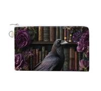 Cartera de lona, cuervo gótico oscuro posado en un monedero con estampado de libro vintage, monedero con cremallera, pequeña bolsa de cosméticos